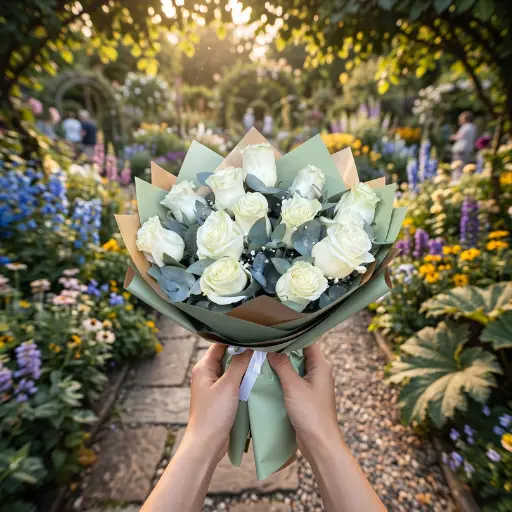 Ramo de flores rosas blancas importadas con papel coreano 